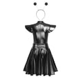 thumbnail image 4 of TiaoBug Women's Metallic Shiny Fly Sleeve Skater A-Line Pleated Club Party Dress with Alien Headwear Black S, 4 of 6