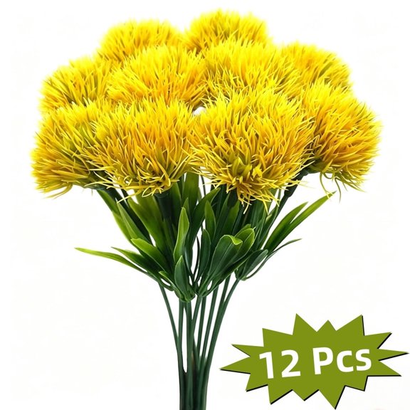 Gogcaro Artificial Dandelion Flowers, Plastic Plants Shrubs Bushes Fake Grass Wedding Indoor Outdoor Home Garden Verandah Centerpieces Arrangements Party Decoration Planting Filler - Yellow 12 Pcs