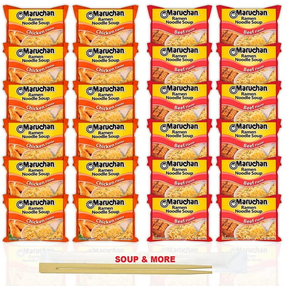 Maruchan Ramen Instant Noodle Soup Variety, 2 Flavors - 12 Packs Chicken & 12 Packs Beef , 3 Ounce Single Servings Lunch / Dinner Variety