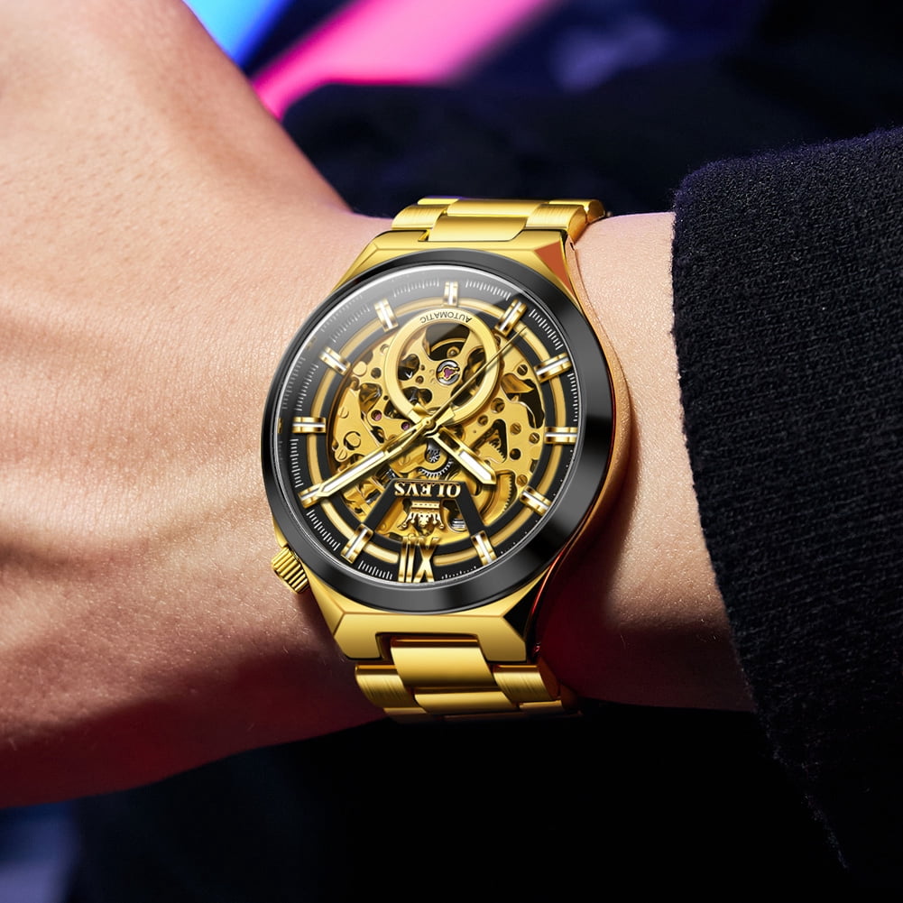 OLEVS Skeleton Watches for Men Luxury Dress Automatic Self Winding Mechanical Gold Plated Stainless Steel Waterproof Luminous Business Men Wrist Watch Reloj Para Hombre
