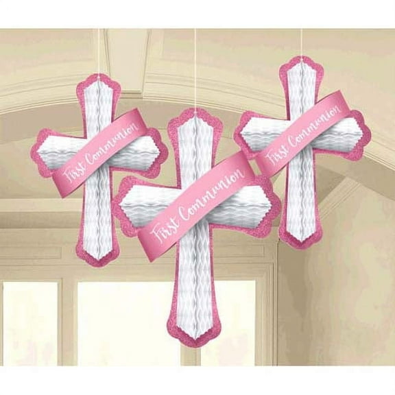 Religious 'First Communion' Pink Honeycomb Decorations (3pc)