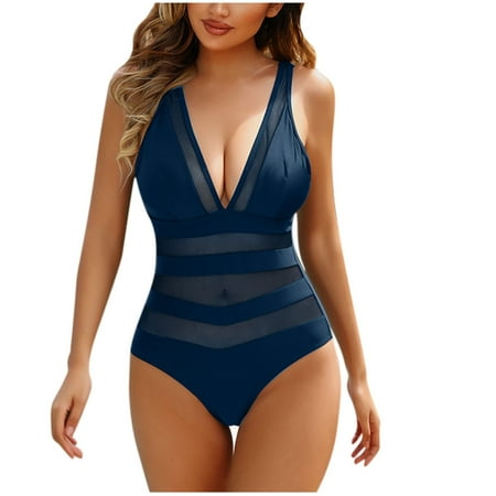 UTSJKR Contrast Mesh One Piece Swimsuit  V Neck Solid Color Backless Tummy Control High Cut Bathing Suit  Women s Swimwear Gray 20-22