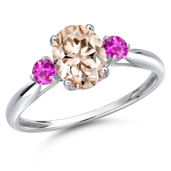 Gem Stone King 10K White Gold Peach Morganite and Pink Sapphire 3-Stone Ring for Women | 1.27 Cttw | Oval 8X6MM | Gemstone October Birthstone | Size 7