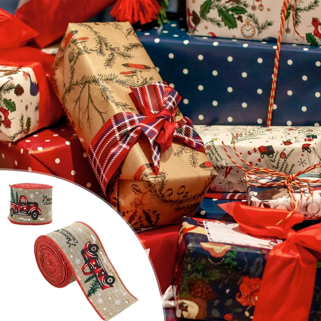 ShinYu Christmas Wired Ribbon Snowman Santa Claus Xmas Tree Truck Ribbon Plaids Xmas Decorative Gift Wrapping Ribbon For Diy Crafts Wreath Bow