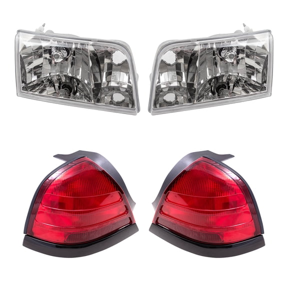 Brock Aftermarket Replacement Driver Left Passenger Right Halogen Headlights and Tail Lights with Red Lens-Black-Trim-2 Bulbs 4 Piece Set Compatible with 1999-2011 Ford Crown Victoria
