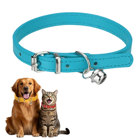 Dog Collar with Bell, Pu Leather Cat Collars Pet Basic Soft Padded Adjustable Buckle, 12" (Bright Blue, 1 Pcs)