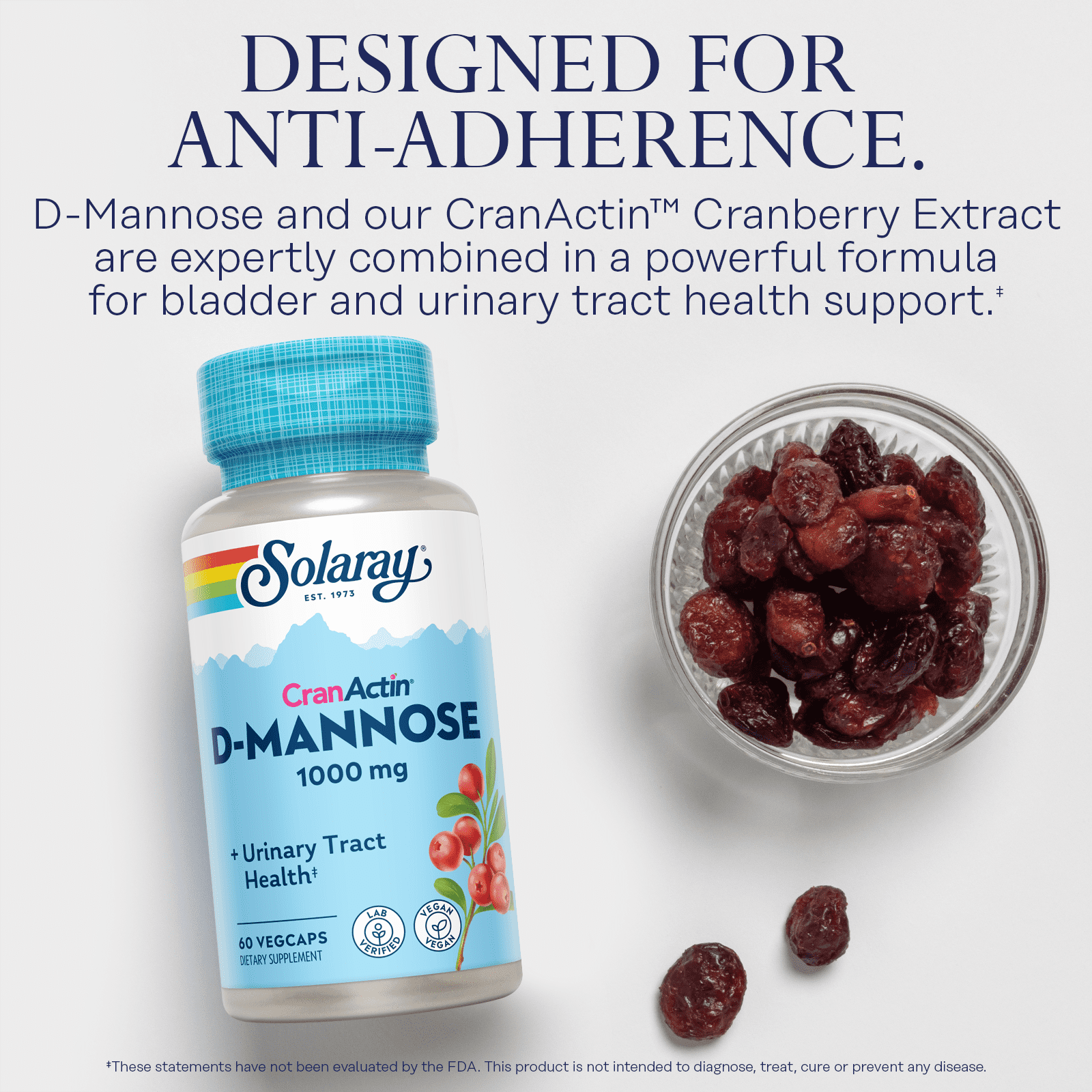 Solaray D-Mannose 1000mg with CranActin Cranberry Extract - D Mannose Cranberry Supplement with Vitamin C - Supports Urinary Tract and Bladder Health - Vegan, 60 Day Guarantee (60 CT)
