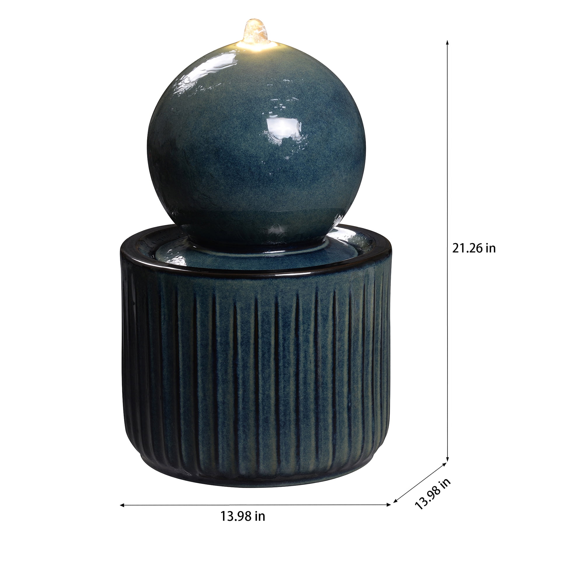 Blue Ceramic Sphere Fountain, Decorative Water Fountain with LED Lights and Quiet Pump, Indoor Outdoor Water Feature for Patio, Garden, Deck, Balcony, Office and Home Décor