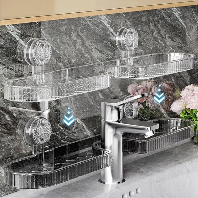 Estante para grifo de baño con ventosas, estante de almacenamiento montado en la pared, plástico transparente o gris de 20", soporte de carga fuerte, orificios de drenaje, organizador multiusos para
