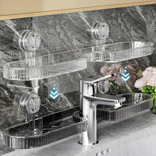 Estante para grifo de baño con ventosas, estante de almacenamiento montado en la pared, plástico transparente o gris de 20", soporte de carga fuerte, orificios de drenaje, organizador multiusos para