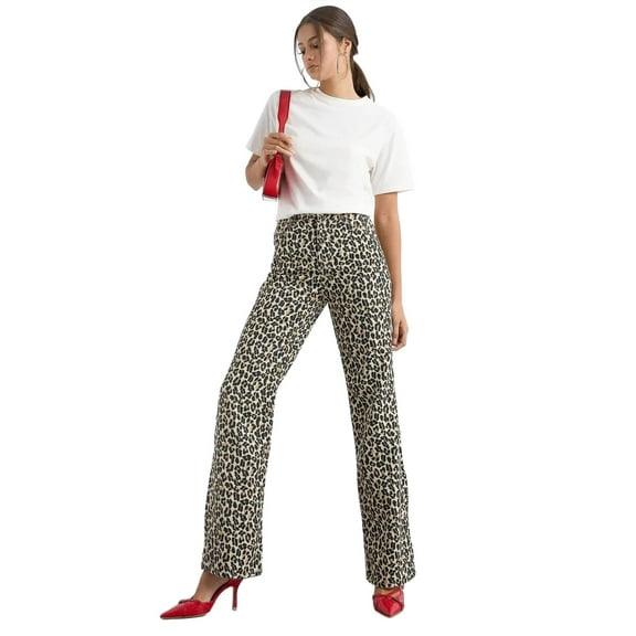 Cotton Animal Printed High Waist Straight Leg Trousers