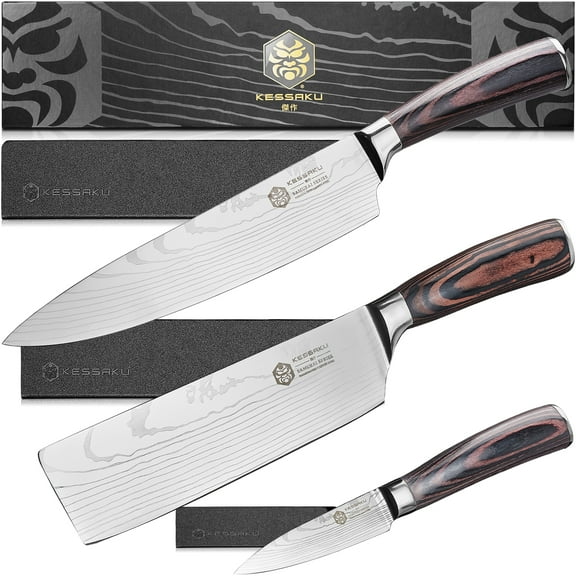 Kessaku 8-Inch Chef & 7-Inch Nakiri Vegetable Cleaver & 3.5-Inch Paring Knife Set - Samurai Series - Forged High Carbon 7Cr17MoV Stainless Steel - Pakkawood Handle with Blade Guards