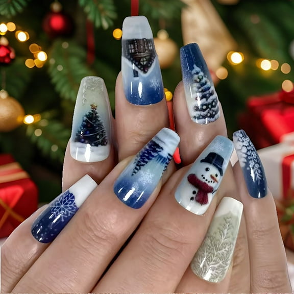 Yoyauz 24 Pcs Christmas Fake Nails, Blue Snowman Snowflake Short Fake Nails, Christmas Holiday Christmas Color Matching Nails For Diy Nail Decoration In Winter