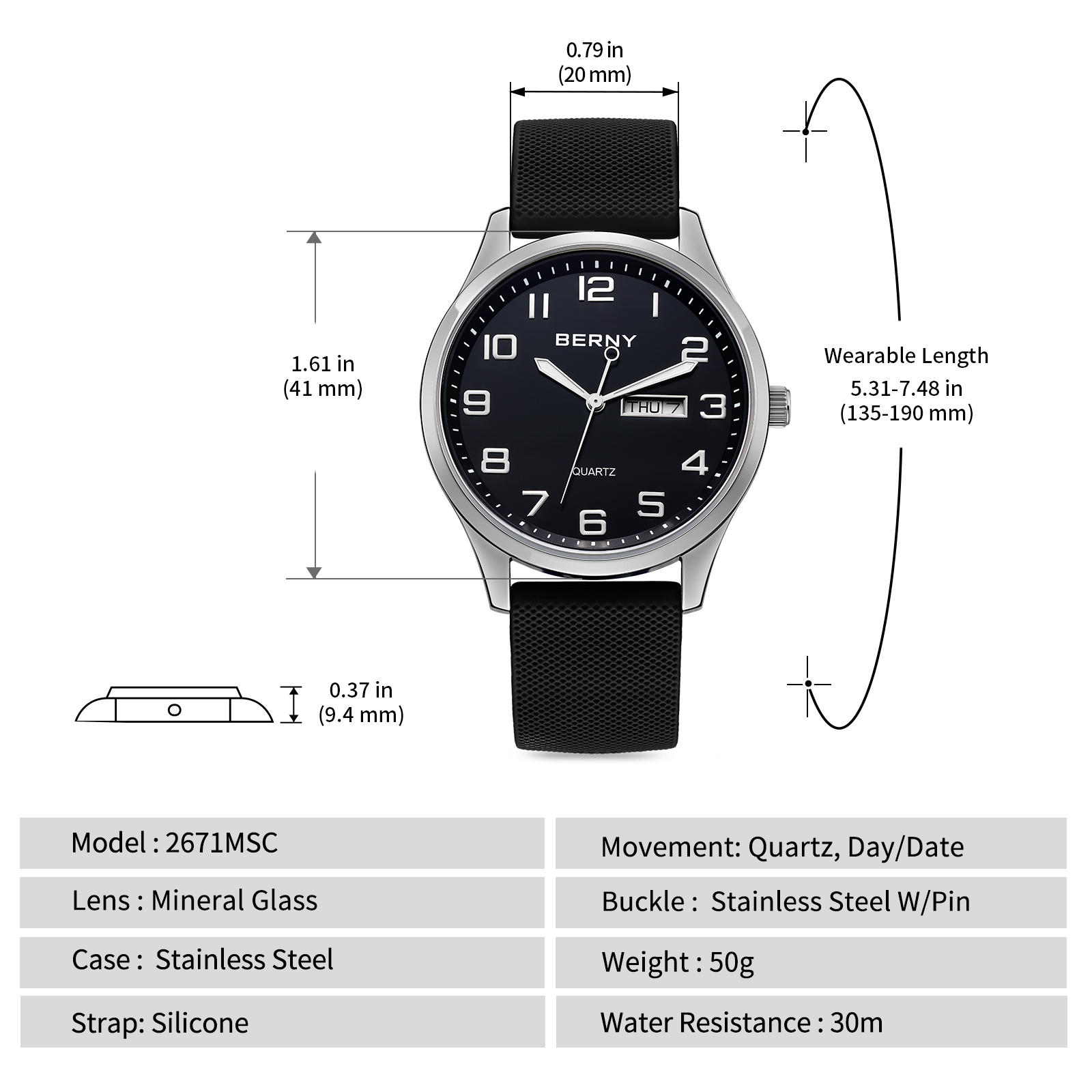 BERNY Modern Quartz Watch for Men Casual Easy Read Wristwatch with Arabic Numeral Watch Dial, Silicone Strap and Day & Date Calendar-Black Dial