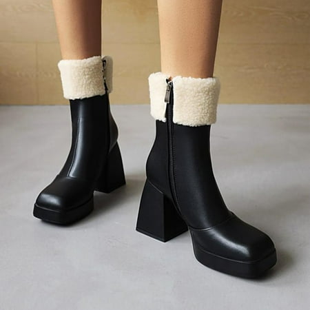 

Women Warm Shoes Solid Color Square Toe High Heels Casual Fashion Zip Ankle Boots