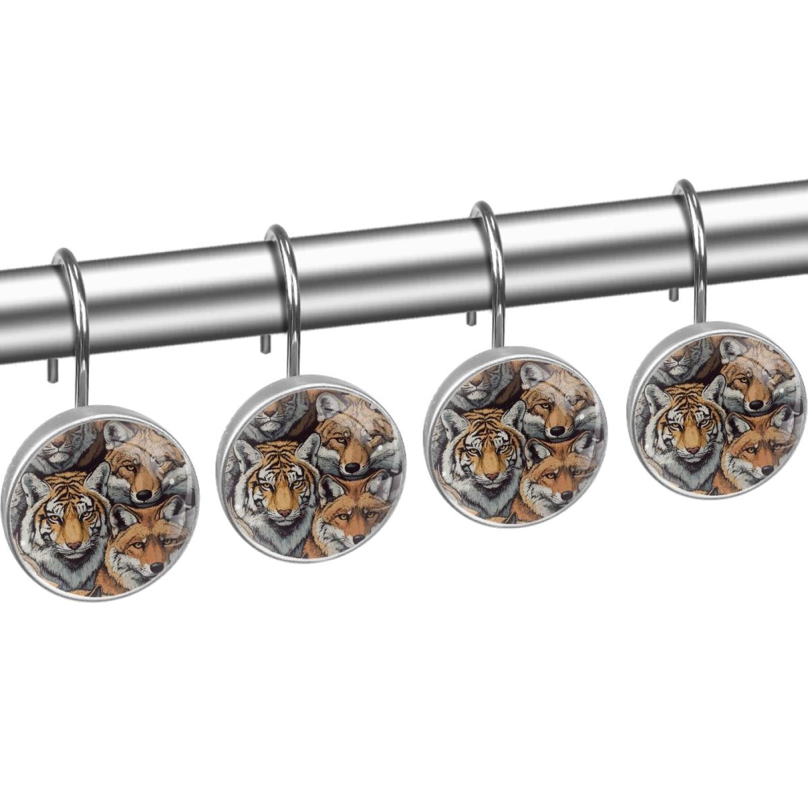 Tigers and Foxes Animal Shower Curtain Hooks Round Crystal Glass, Set of 12 Shower Curtain Rings - Shower Hooks for Curtain Shower Rings