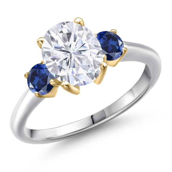 Gem Stone King 925 Silver and 10K Yellow Gold White Moissanite and Blue Created Sapphire Engagement Ring for Women | 2.60 Cttw | Oval 9X7MM | Gemstone Birthstone | Size 9