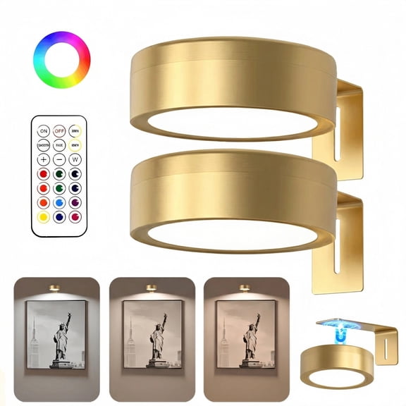 2 Pack Battery Operated Picture Light, Picture Lights for Wall, LED Painting Light with Remote Dimmable Timer, 3 Color Temps and 13 RGB, Poster Lights for Photo Wall Decor, Gold