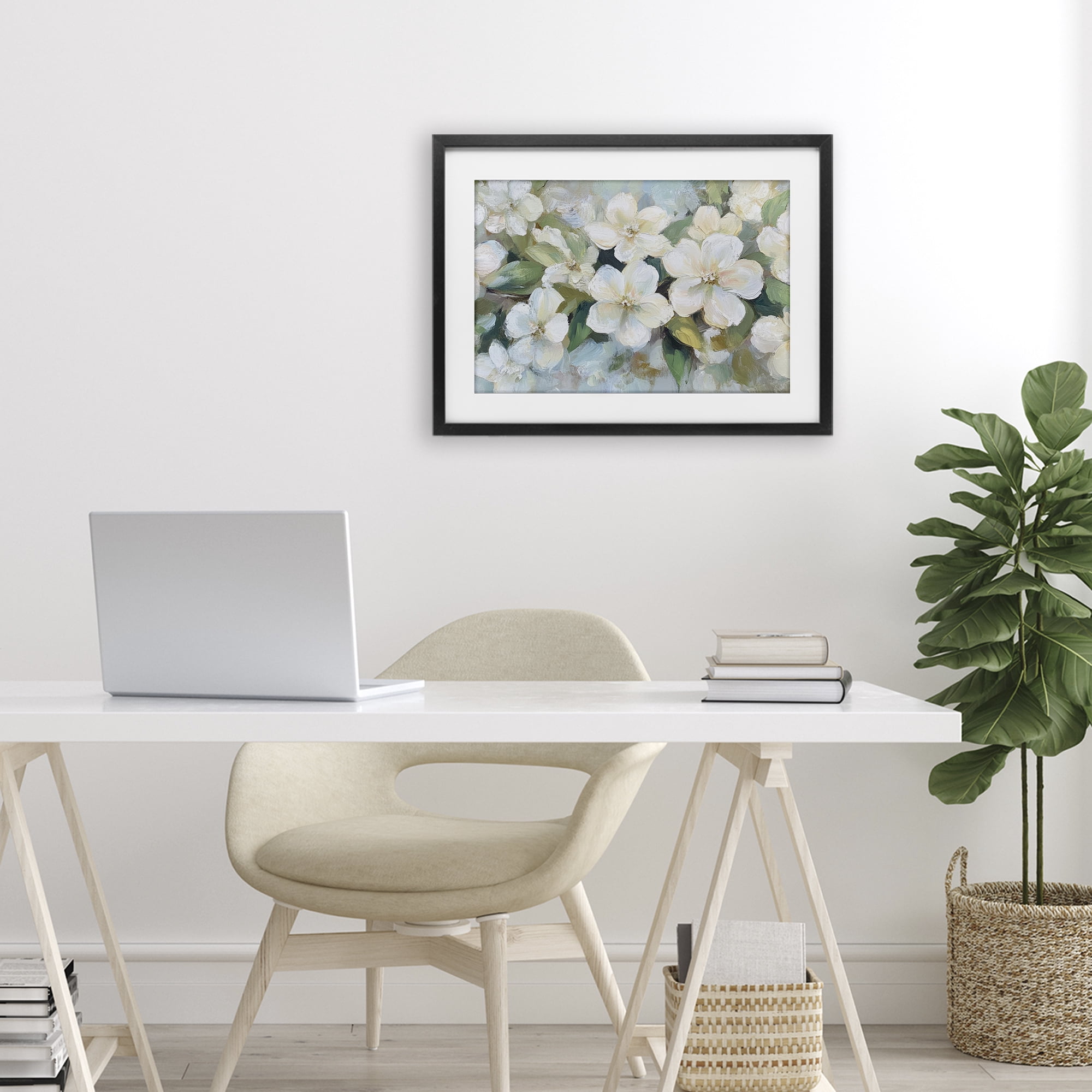 Stupell Industries Painted White Flowers in Leaves Black Framed Print Under Glass, design by Petal Prints Design