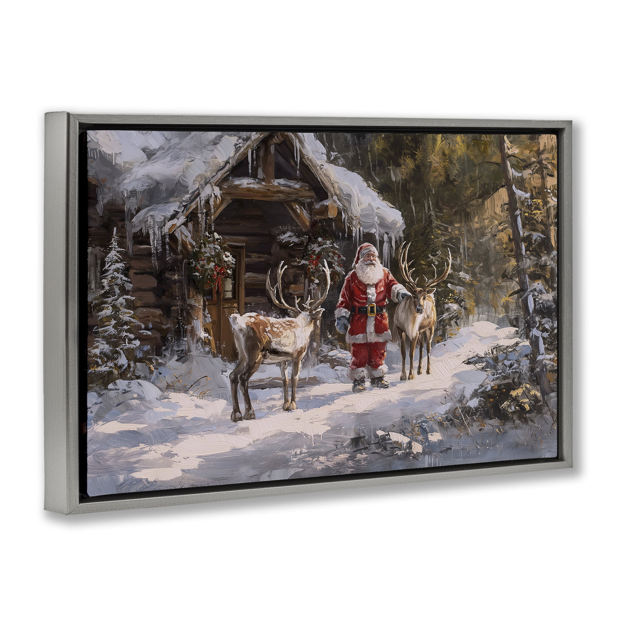 Stupell Industries Traditional Santa by Cabin Holiday Painting Gray Floater Framed Canvas Art Prints Wall Art, 25 x 17