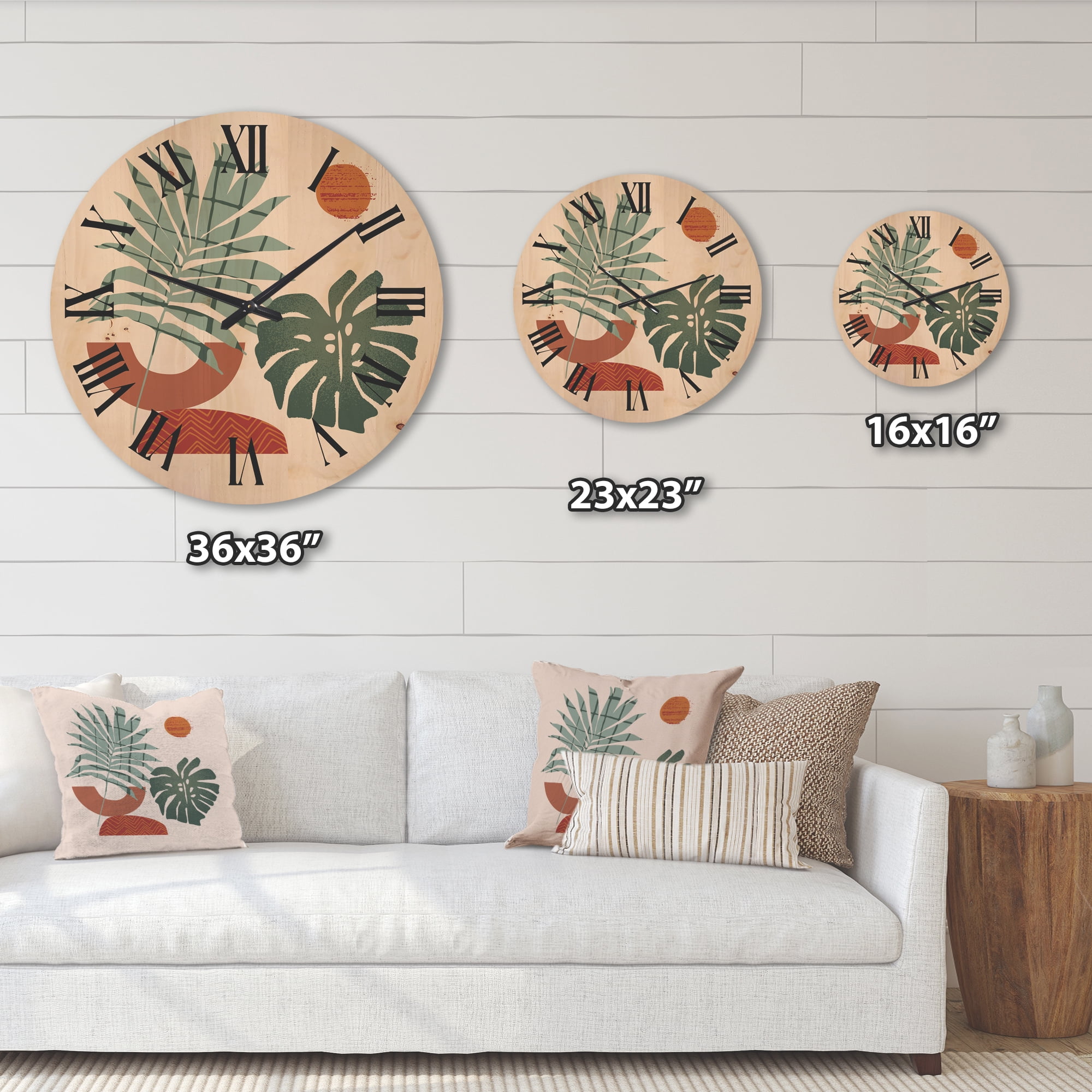 Designart 'Sun and Moon Shapes In Retro Green & Terracotta Tone' Modern Wood Wall Clock
