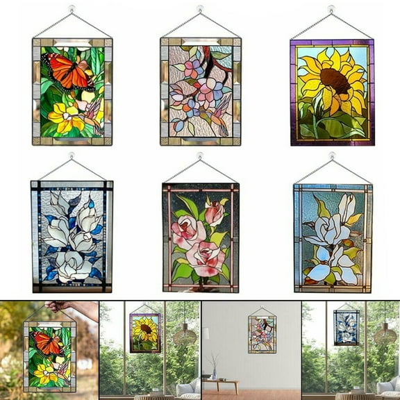 Ynlkorvg Desk Decor Clearance, Window Home Pattern Decor Panel Hangings Glass Suncatcher Rectangle Stained W/ Chain Decoration Hangs Ornaments