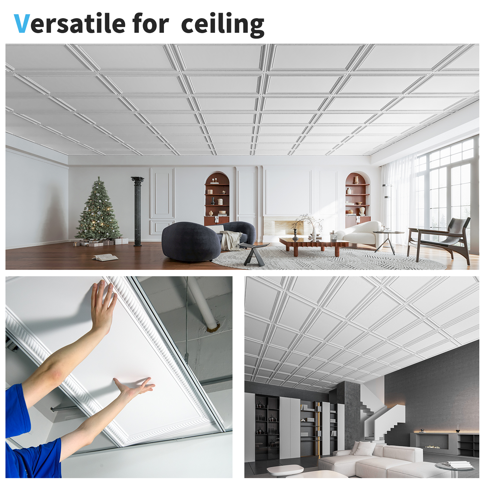 12-Pack Decorative Drop in PVC Ceiling Tiles, White 24x48 Inch Waterproof & Rustproof Glue-Up Ceiling Panels for Basement, Bathroom & Kitchen