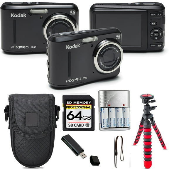 Kodak PIXPRO FZ43 Digital Camera (Black)   Tripod   Case - 64GB Kit