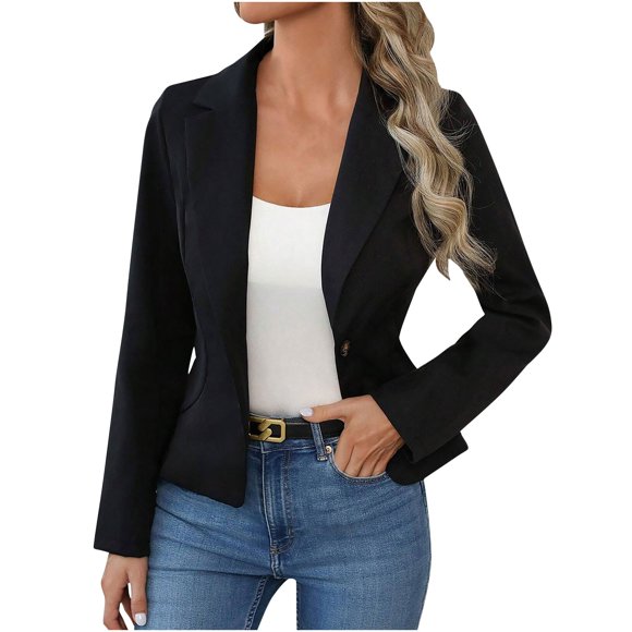 Fall Saving! srobpty Women's Long Sleeve Blazer, Ladies Long-sleeved Lapel Solid Color Temperament Casual Suit Jacket Black, L