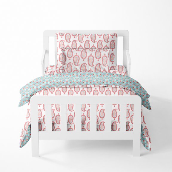 Bacati - Girls 5 pc Toddler Bedding Set 100% Cotton Percale, Paisley Sophia New Version Coral/Aqua