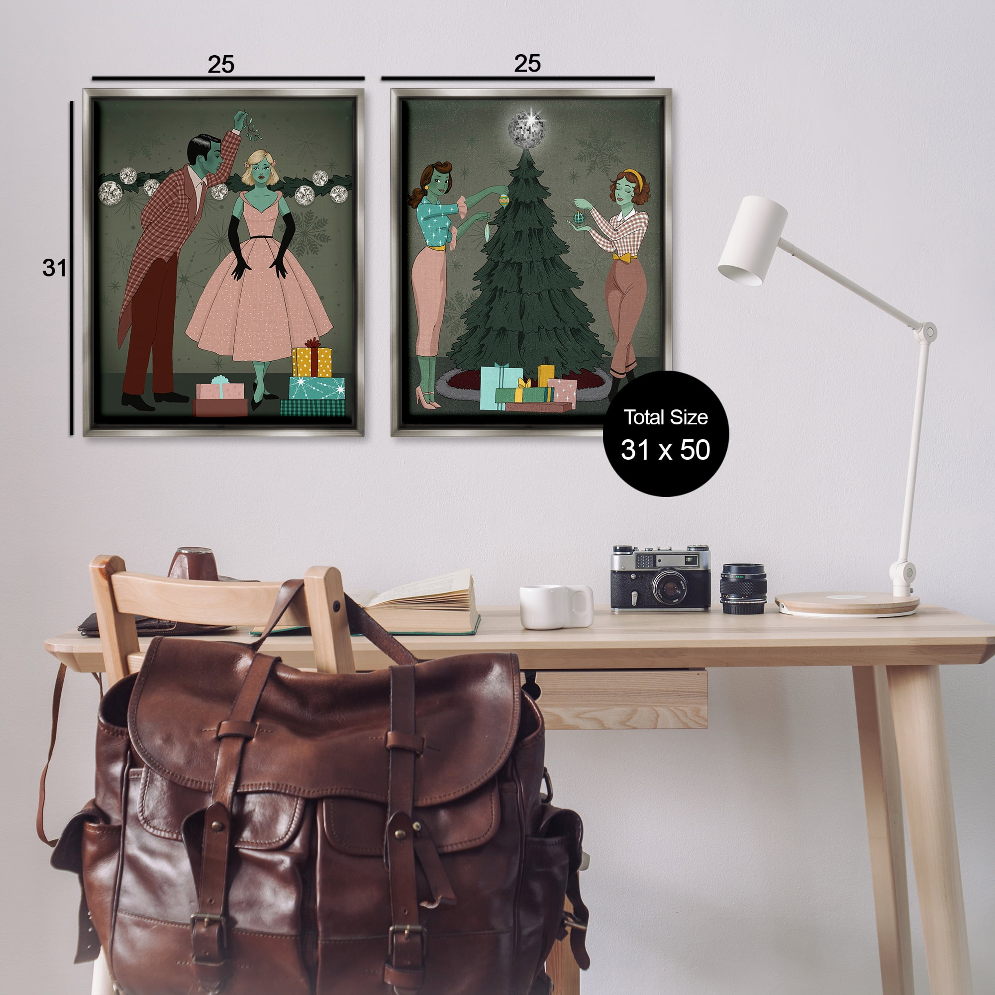 Stupell Industries Modern Festive Holiday Decorating Holiday Painting Gray Floater Framed Canvas Art Print Wall Art, 31 x 25, Set of 2