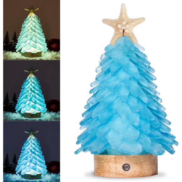 Sinkoo blue sea glass christmas tree, 8.6" with 3-color LED Lights, Party Birthday Gift, Ideal for Christmas, New Year, Home Decor, Coastal Holiday Decor and More.