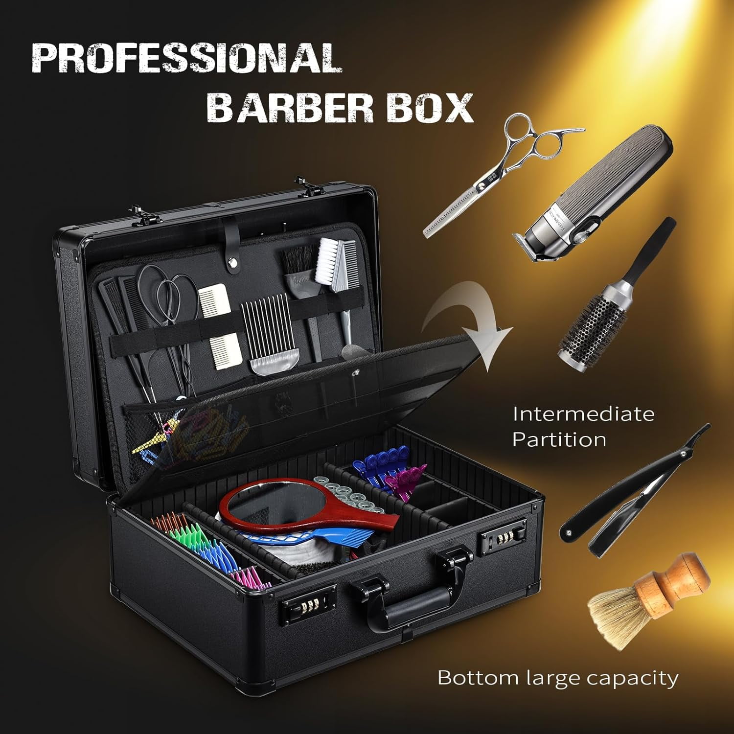 Professional Barber Case Hairdressing Box Organizer Portable Salon Travel Suitcase with Lock, Black