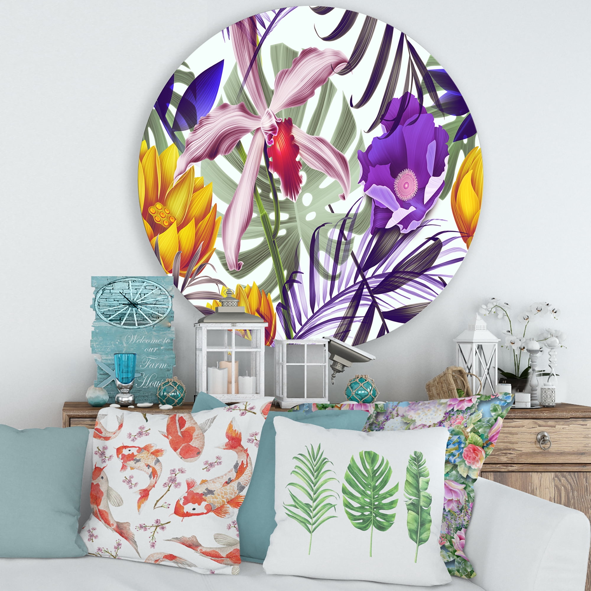 Designart 'VIntage Tropical Flowers IX' Traditional Circle Metal Wall Art 29x29 - Disc of 29