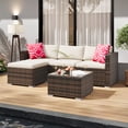 thumbnail image 5 of Comfort 5-Piece Outdoor Patio Furniture Set – All-Weather Brown Rattan Wicker Sectional Sofa with Ottoman, Glass Coffee Table, Waterproof Off-Gray tone Cushions – Garden, Balcony, Lawn, Backyard, 5 of 9