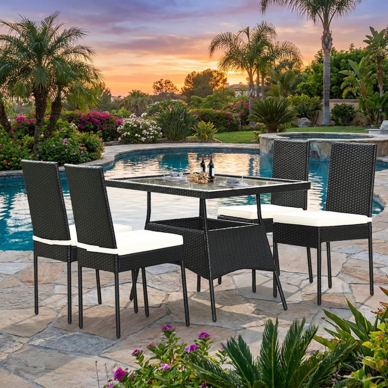 Furnibear 5 Piece Outdoor Patio Rattan Dining Set Wicker Conversation Furniture Set with Glass Top Table and Cushions, Black