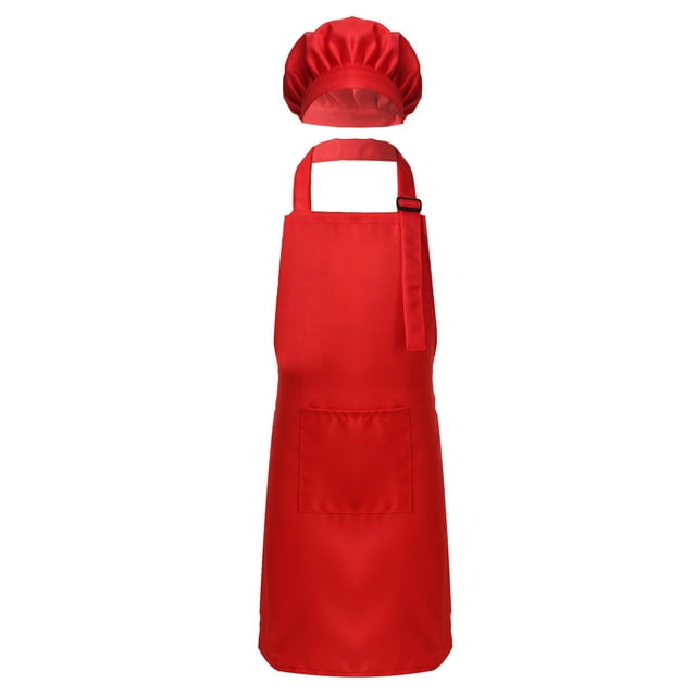YONGHS Kids Boys Girls Chef Apron Hat Set Kitchen Bib Aprons Cooking Baking Training Painting Outfits Red L