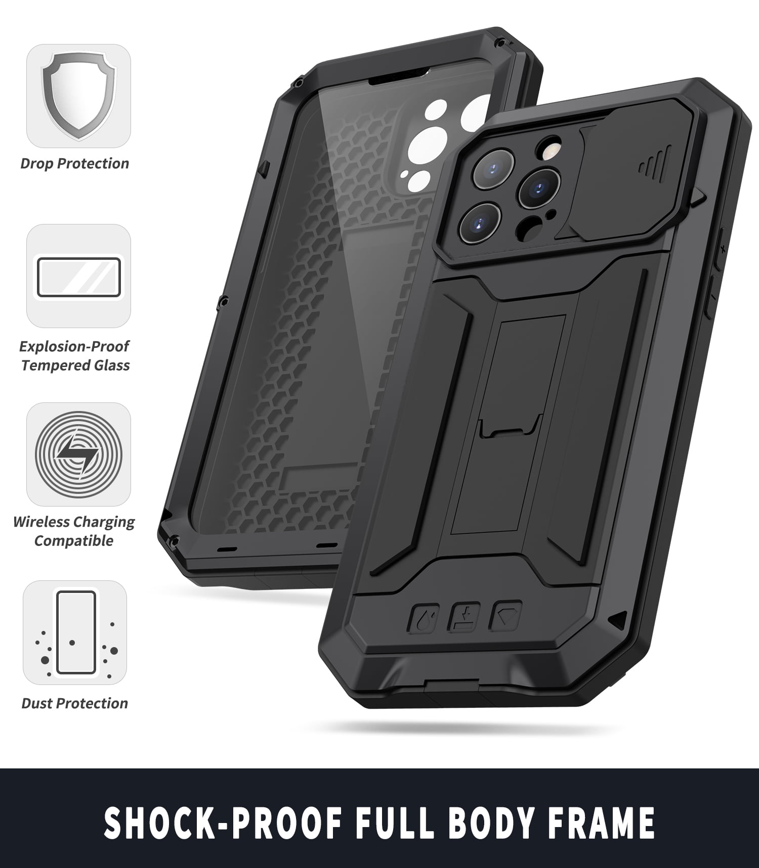 Allytech Cover for iPhone 13 Pro Max Waterproof Case, Built-in Screen Protector Full Body Heavy Duty Shockproof Kickstand Slide Camera Lens Protective Case for iPhone 13 Pro Max 6.7" 2021, Black