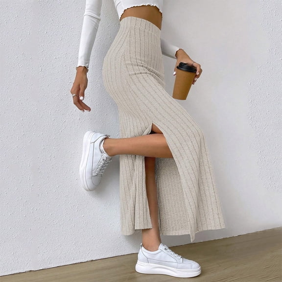 Tennis Skirts for Women Summer Skirt European Spring Slim Knitted Waistline Side Slit Hakama Style Women's Skirt Beige M