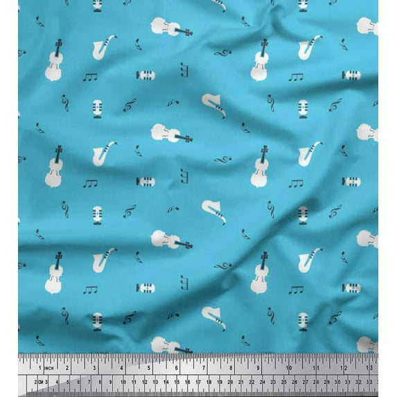 Soimoi Crepe Silk Fabric Notes,Guitar & Saxophones Musical Instrument Print Fabric by The Yard 42 Inch Wide