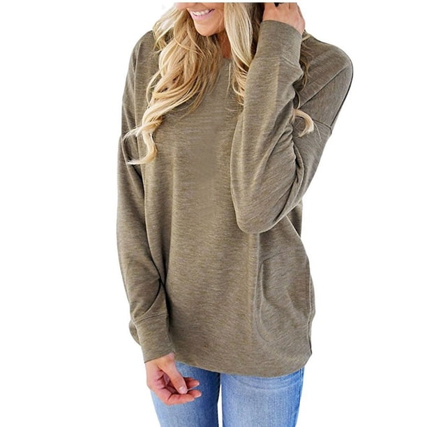 Puntoco moda mujer cuello redondo manga larga camiseta verano sólido bolsillo blusa suelta tops Puntoco Puntoco-3493