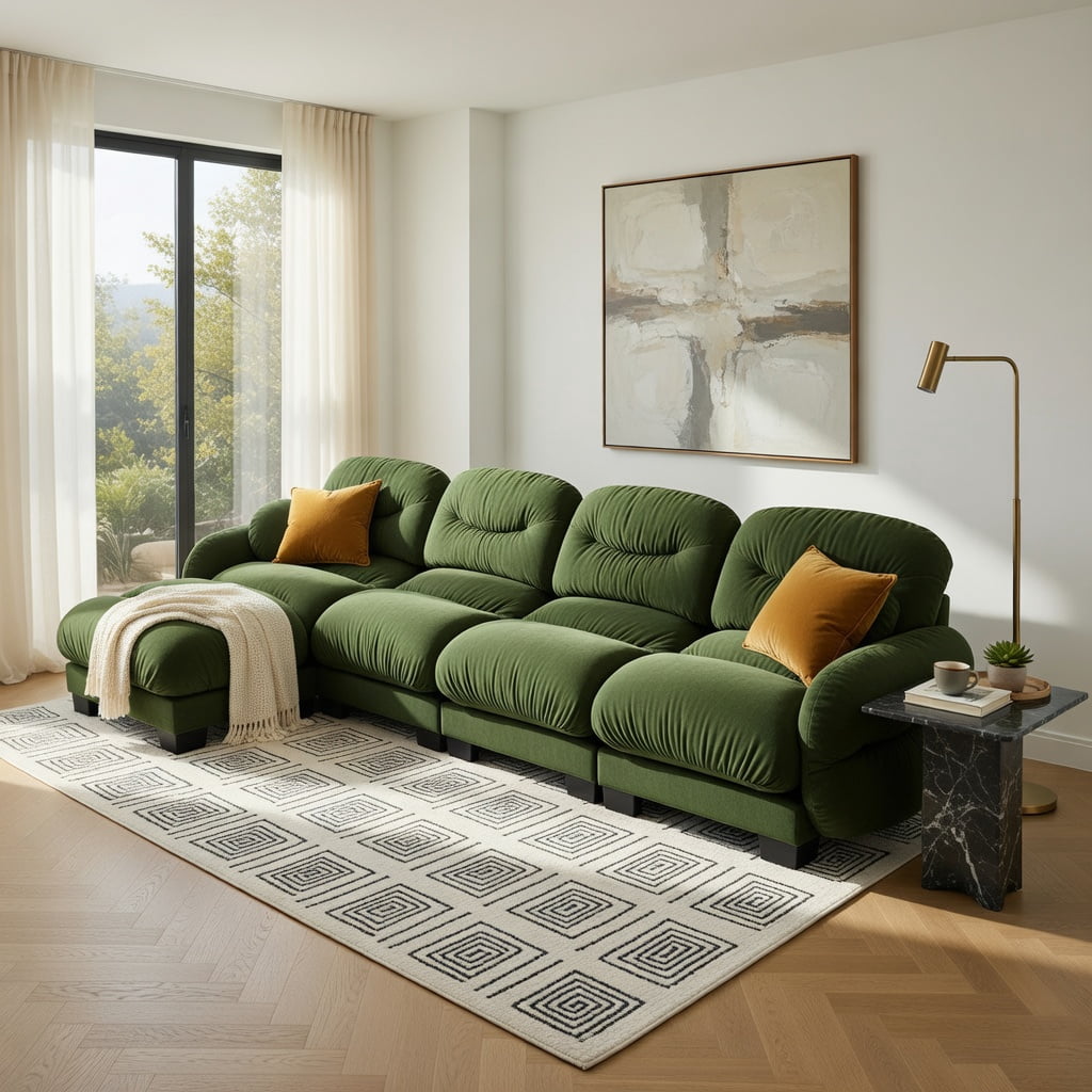 Hommoo Chenille L-Shaped Modular Sectional Sofa with Ottoman, 4-Seat Pleated Design, High-Density Ergonomic Foam, Curved Armrests & 2 Throw Pillows, Green