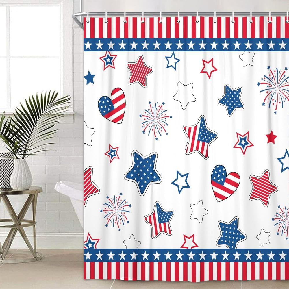 4th of July Independence Day Shower Curtain Set, 4th of July American Flag Patriotic Star Fabric Bathroom Shower Curtain Family Holiday Decor Bathtub Curtain with 12PCS Hook
