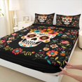 thumbnail image 4 of Castle Fairy Kawaii Sugar Skull Queen Sheets 4 Pieces,Gothic Colorful Floral Day Of The Dead Queen Sheet Sets,Multitone Black,1 Fitted Sheet,1 Flat Sheet and 2 Pillowcases, 4 of 6