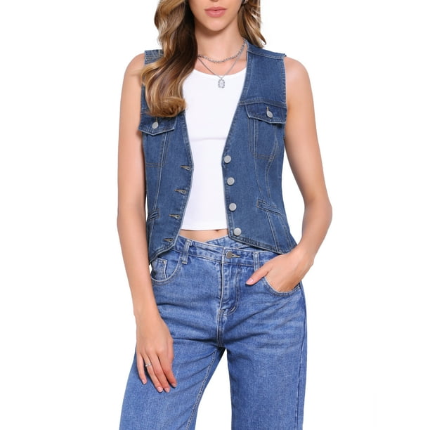 CHALECO DE JEAN SIN MANGAS CON CUELLO EN V Y BOLSILLOS DE SOLAPA PARA MUJERES INSPIRAR CHIC M AZUL OSCURO