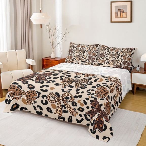 jejeloiu Leopard Print Bowknot Twin Sheet Sets,Girls Brown Bow Bedding For Girl Kids 3 Pieces