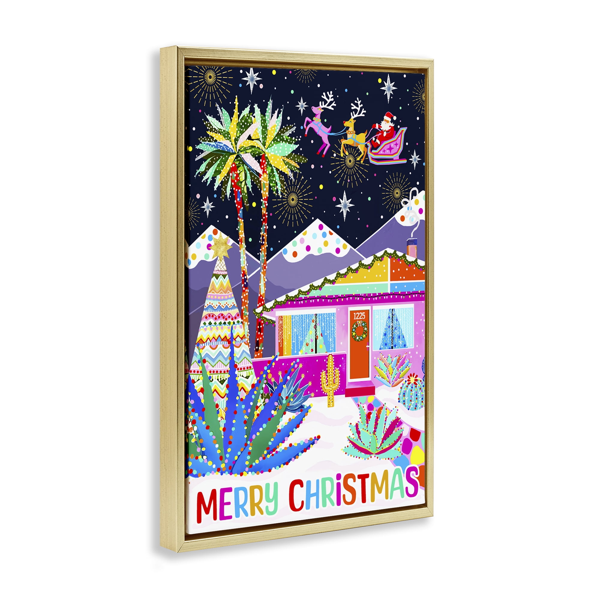 Stupell Industries Whimsical Desert Christmas Holiday Painting Gold Floater Framed Canvas Art Prints Wall Art, 21 x 31