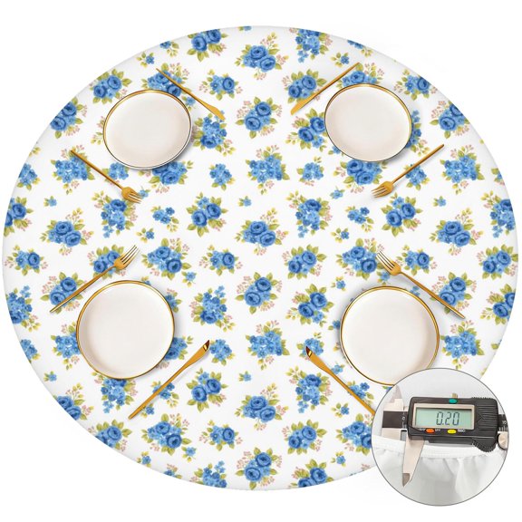 Pioneer Flower Floral Print Pattern Round Fitted Tablecloth with Elastic Edge, Waterproof Dining Table Cover for Indoor Outdoor Camping and Daily Use