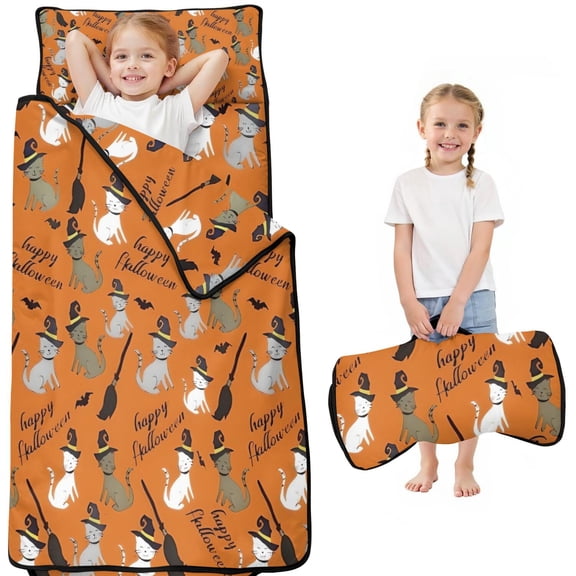 Halloween Witch Cats Pattern Toddler Nap Mats for Kids Preschool,50"x20" Sleeping Mat Bag or Kids,Toddler Sleeping Bag,Toddler Nap Mat or Daycare