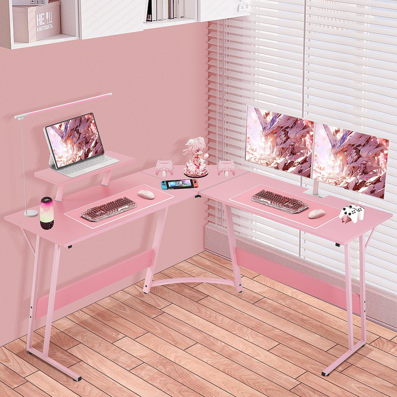 Shaped Gaming Desk 50 Inches Corner Computer Desk, Home Office Desk with Large Desktop Gaming Table for Home and Work Place,Pink